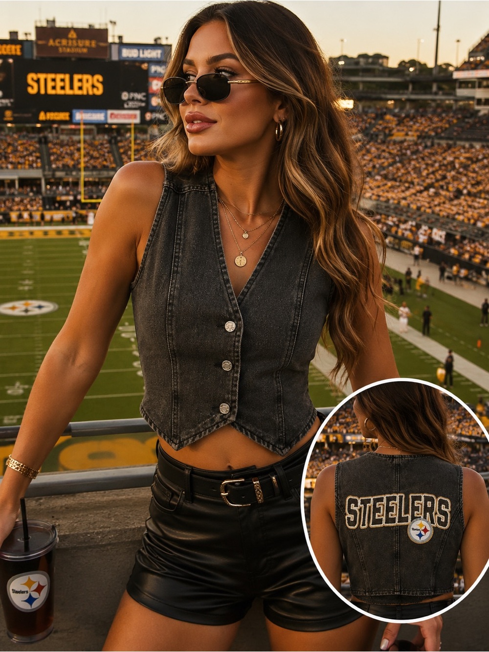 Custom Pittsburgh Steelers Rhinestone Denim Vest | Women’s